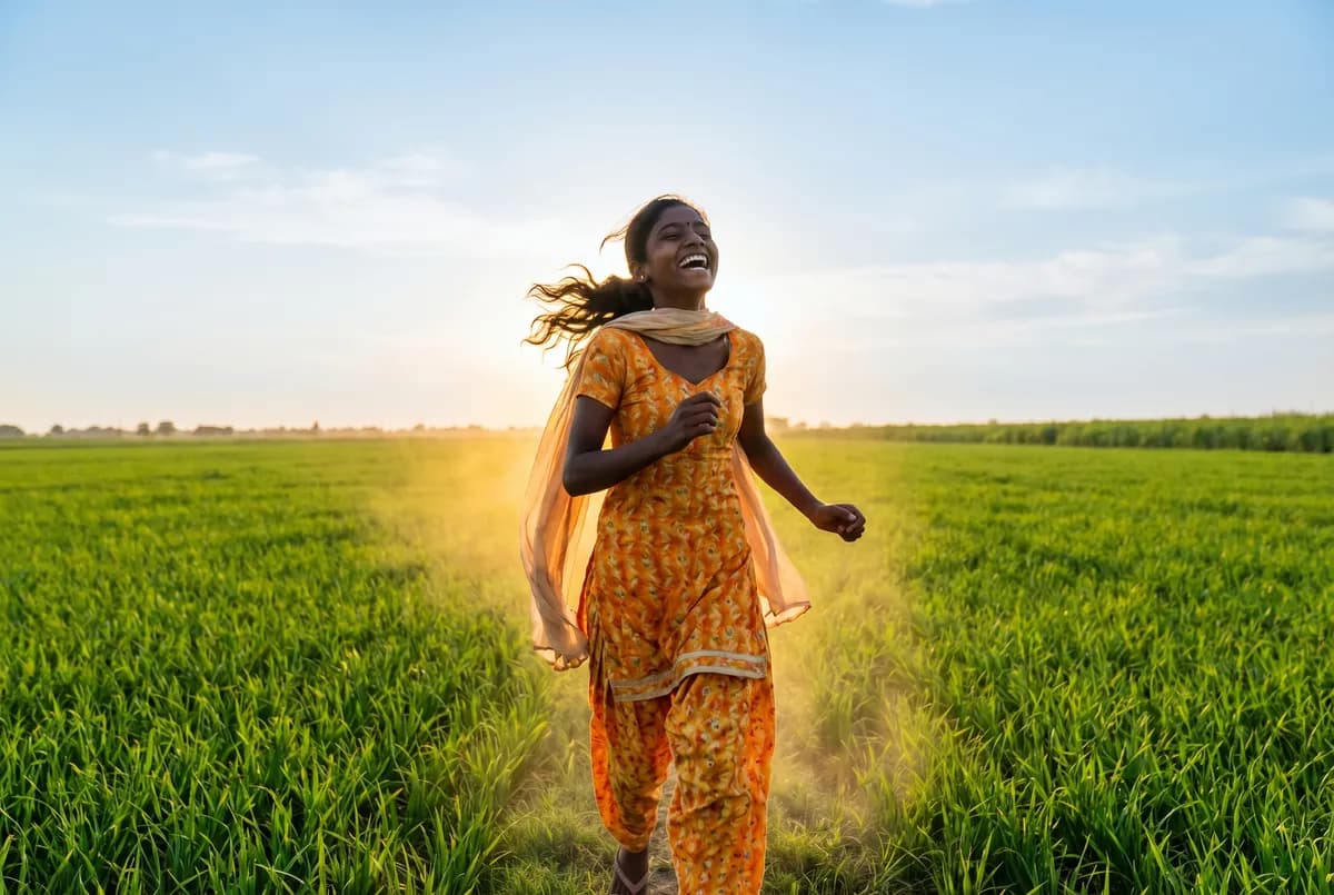 Indian teen girl running through a green field in traditional salwar kameez