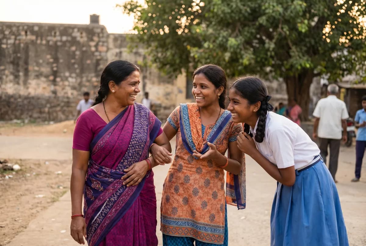 Three Indian women of different generations laughing together