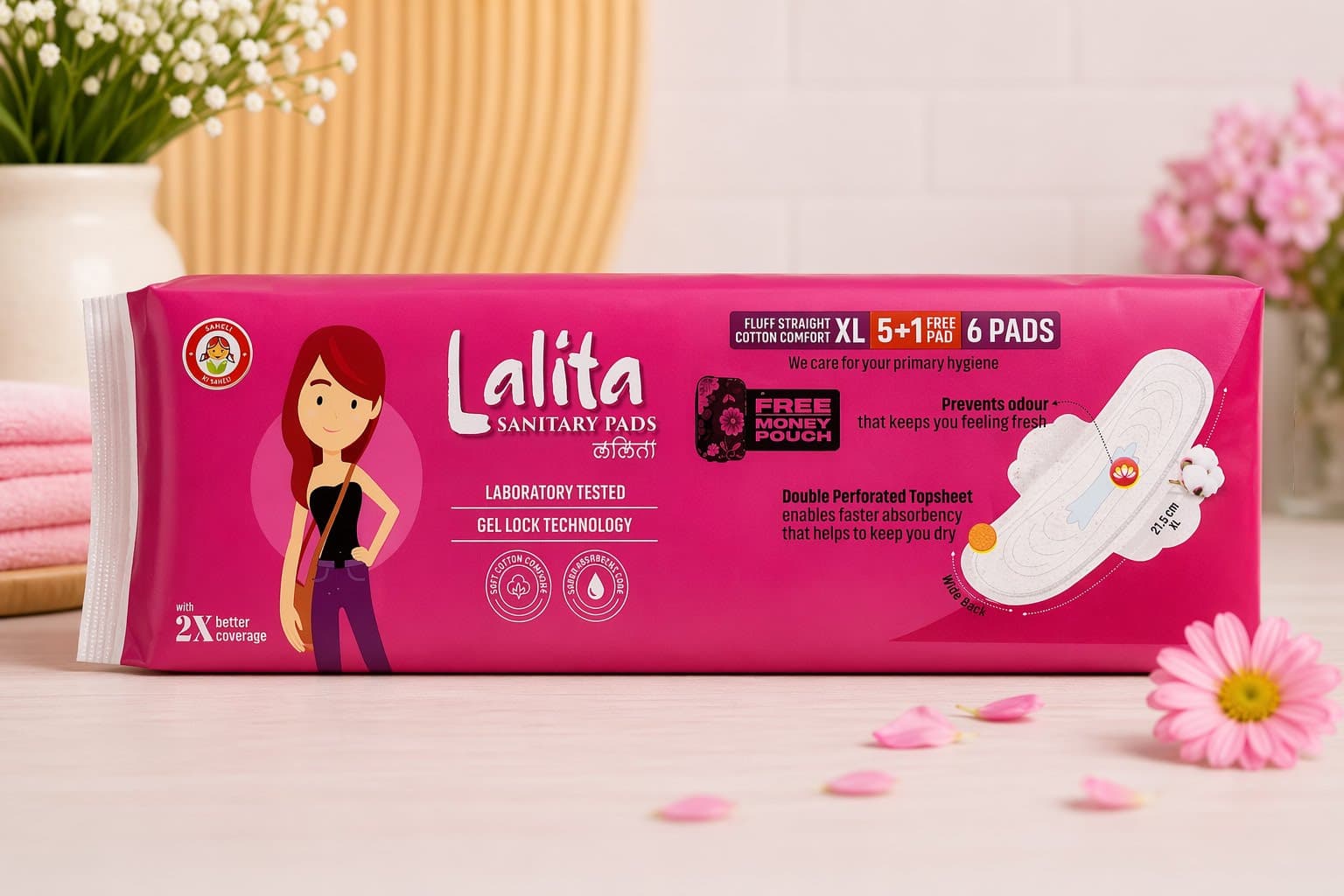Lalita XL Ultra Thin Cotton Comfort pack: 5 + 1 FREE PAD, 6 pads per pack.
