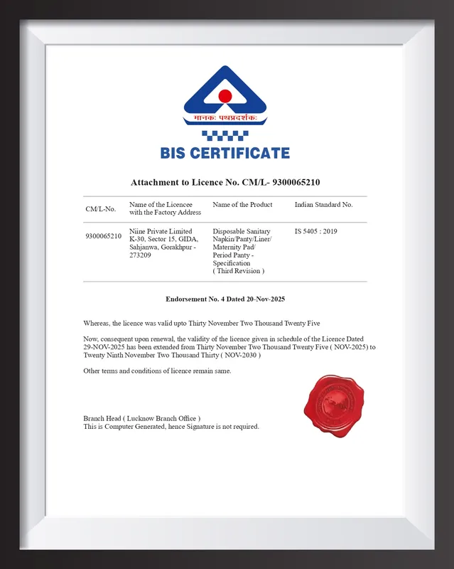 BIS Certificate (IS 5405) issued for Lalita Sanitary Pads.