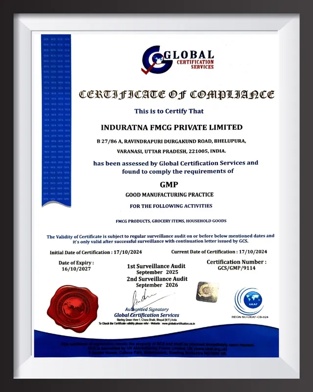 Good Manufacturing Practice (GMP) Certificate of Compliance for Induratna FMCG Private Limited.