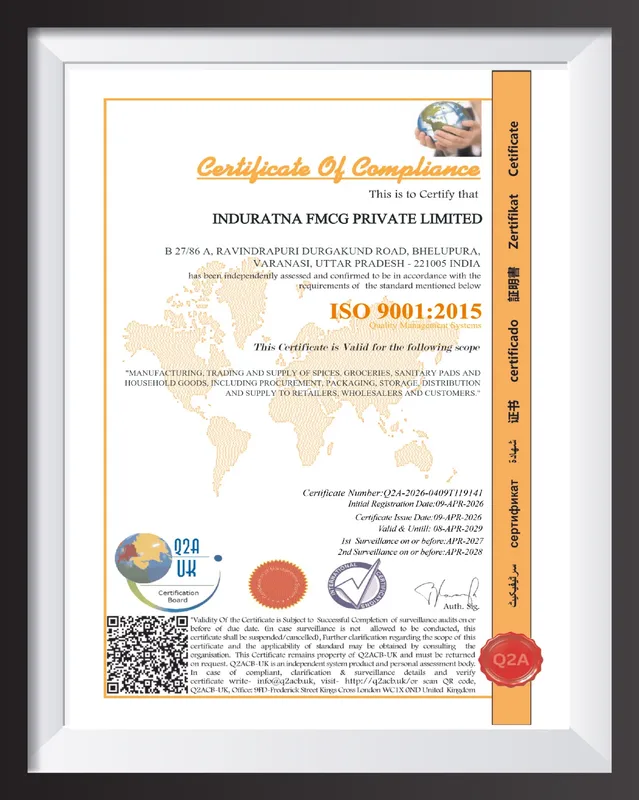 ISO 9001:2015 Certificate of Compliance for Induratna FMCG Private Limited.